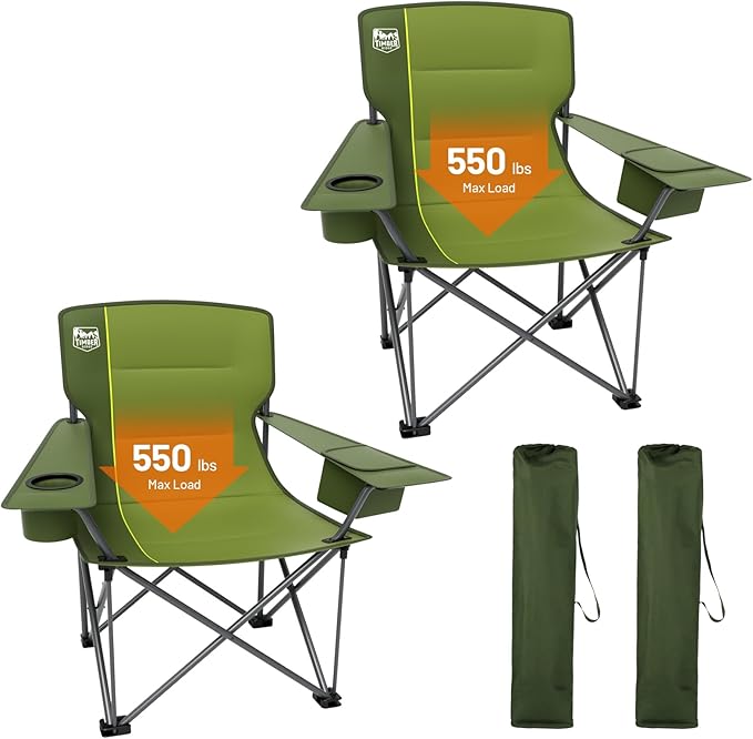 TIMBER RIDGE Oversized Folding Camping Chair for Adults Support 550 LBS Heavy Duty with Cup Holder Side Pocket for Camp Lawn Picnic Green 2 Pack