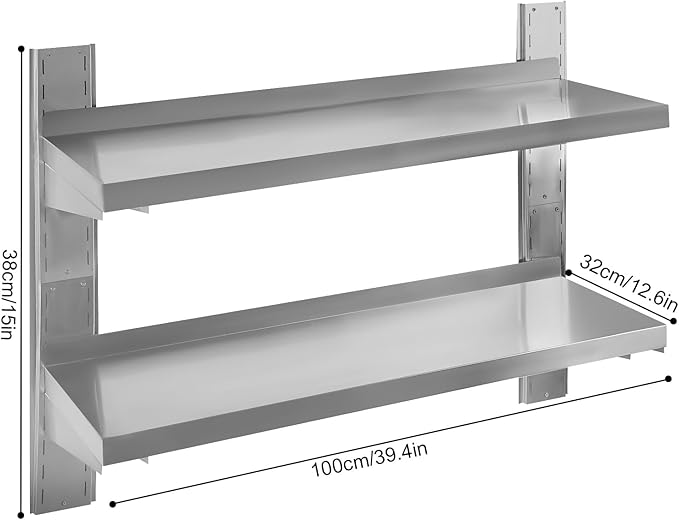 2 Tier Stainless Steel Wall Shelf 39.4 x 12.6 Commercial Floating Wall Shelf with Brackets Adjustable Double-Layer Metal Heavy Duty Storage Rack for Restaurant Kitchen Bar Home Hotel