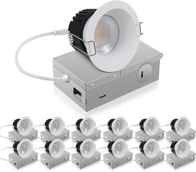 Adetu 3 Inch 5CCT Anti-Glare LED Downlight with Junction Box 2700K/3000K/4000K/5000K Selectable CRI90+ 12W COB 1160LM IP65 Waterproof Dimmable-ETL and Energy Star Certified (White12 Pack)