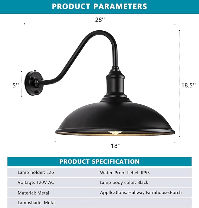 Outdoor Barn Light - 18 Inch Dusk to Dawn Large Exterior Fixture with Extended Arm Gooseneck Light - Waterproof and Rust Resistant for Farmhouse Garage Porch