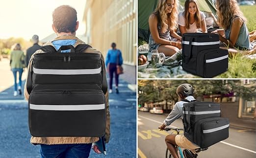 Taygeer Food Delivery Backpack Expandable Insulated Food Delivery Bag for Grocery Bike Large Leakproof Waterproof Hot Pizza Bags with 4 Mesh Pockets Reflective Strip for Uber Eat Doordash Black