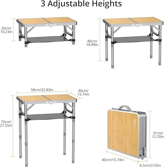 Anbte 2ft Camping Table Foldable 3 Adjustable Heights High 27.5 Aluminum Small Folding Table with Carrying Handle Portable for Outdoor Indoor Picnic Beach BBQ Travel 24 x 16 Light Oak Grain