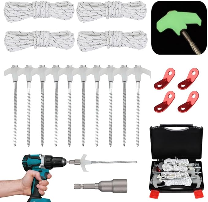 Camping Peg Kit: 10 Screw-in Metal Tent Stakes with Fluorescent Heads Reflective Cords Tensioners Socket &amp Storage Box 8 Inch for Outdoor Use