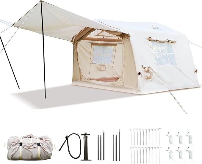 Inflatable Tent with Canopy for Camping 4/6/8 Person Large Family Air Tent 5 Min Easy Setup with Pump 4 Season Waterproof Oxford Camping Tent with Stove Jack &amp AC Port 8x10 FT Beige