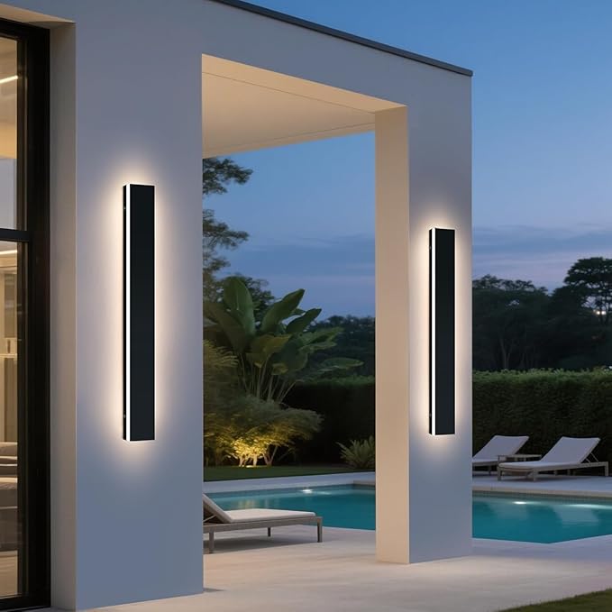 Upgrade Widened 2 Pack Outdoor Modern LED Wall Light 47.2inch Long Black Wall Sconces 3 Color 3000K/4500K/6000K IP65 Waterproof 42W Exterior Lighting Fixture for House Fence Yard Patio