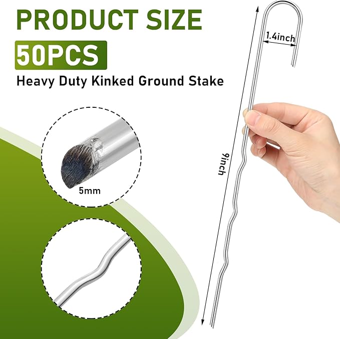 50 Pcs Kinked Ground Stakes 9 Inch Metal Garden Fence Edging Hook Heavy Duty J Shaped Galvanized Tent Fence Spikes for Dogs Digging Canopy Outdoor Yard Christmas Inflatables Decorations