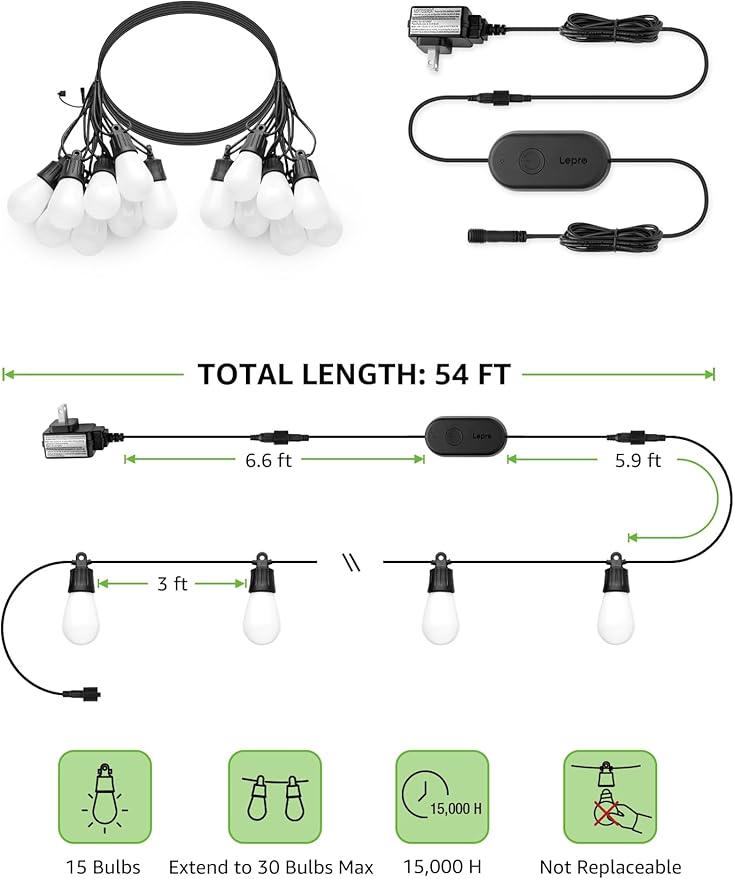 Lepro ZB1 AI Smart Outdoor String Lights APP Control 100(88+12) ft RGB+IC+Warm White Outdoor Light 30 LED Bulbs NOT Extendable Alexa Google Enabled Music Sync NO Remote 2.4 GHz WiFi+Bluetooth