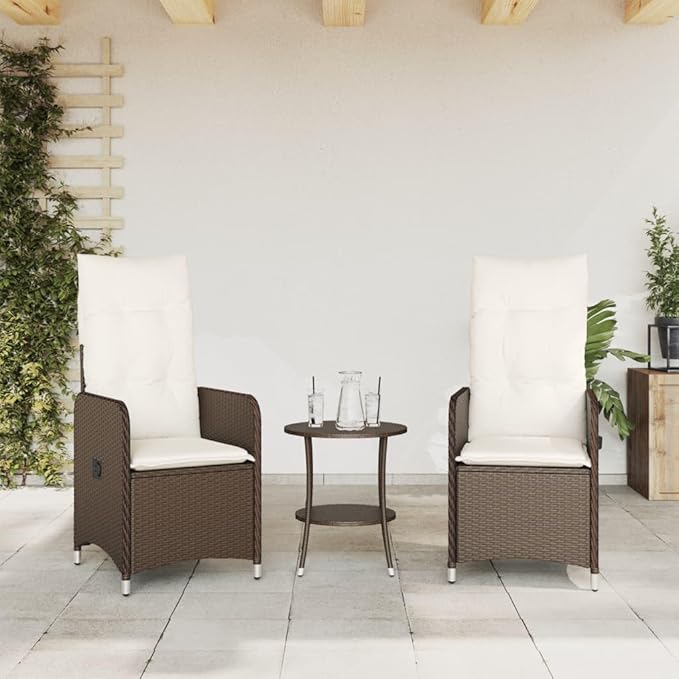 Reclining Garden Chair Set of 2 Brown All Weather Poly Rattan Patio Recliner with Adjustable Backrest 23x21.5x36.2 in Outdoor Lounge for Balcony Deck Terrace