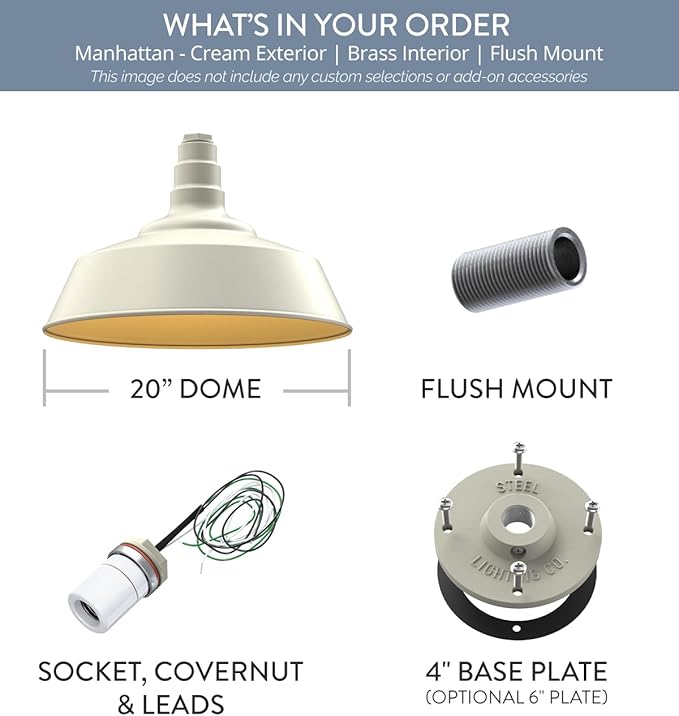 Steel Lighting Co. Manhattan Warehouse Light | Ceiling Mounted Pendant | 20 inch Dome | Flush Mount | Large Steel Barn Light Made in America | Cream Exterior/Brass Interior