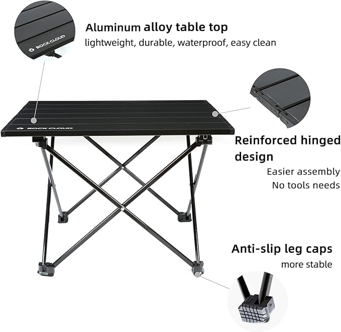 ROCK CLOUD Portable Camping Table Ultralight Aluminum Folding Beach Table Camp for Camping Hiking Backpacking Outdoor Picnic Black