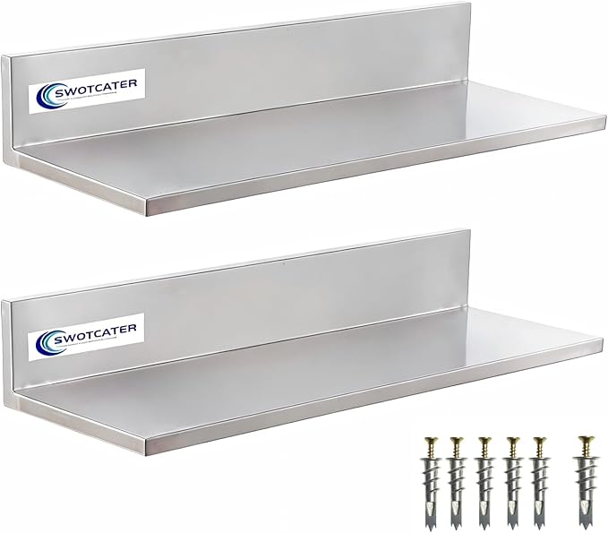 Stainless Steel Wall Shelf with Upgraded Drywall Anchors 8.6x16 50LB 2 Packs L-Shaped Commercial Wall Mount Floating Shelving for Kitchen Restaurant Home