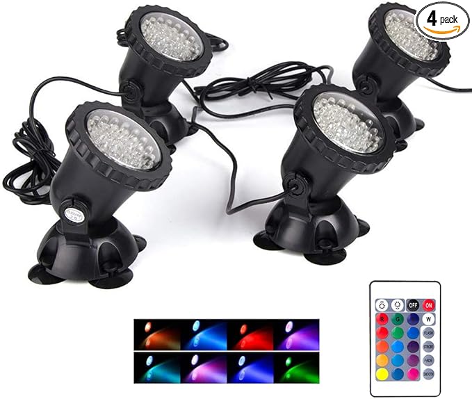 SHOYO Pond Lights Color Changing Spotlights with Timer Submersible Fountain Lights Memory Dim Adjustable IP68 Waterproof Underwater RGB for Outdoor Garden Yard Lawn Water Pond Fountain 4 in Set