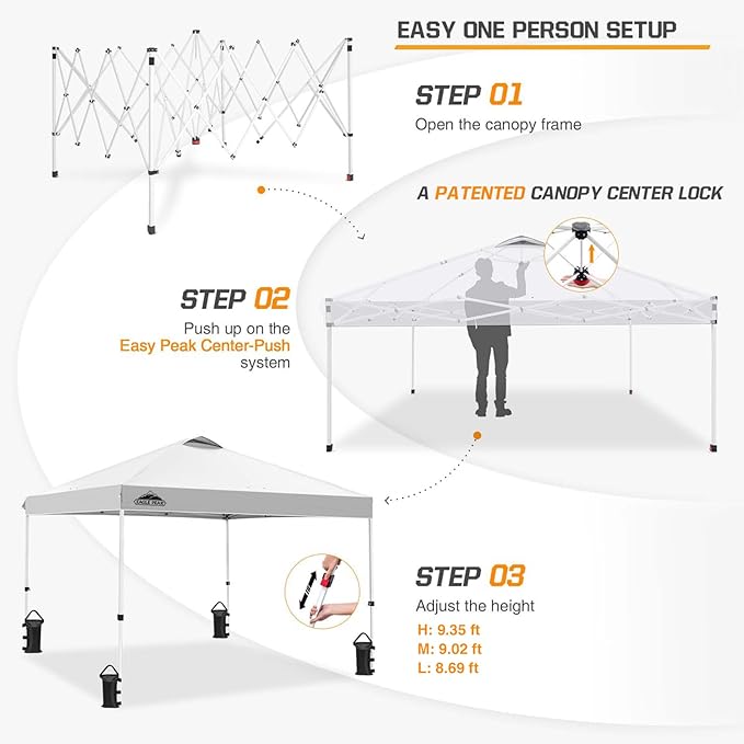 EAGLE PEAK Pop Up Canopy Tent with Wheeled Carry Bag 8 Stakes 4 Ropes 4 Weight Bags Easy Set Up Tent Canopy 10x10 ft 100sqft of Shade White