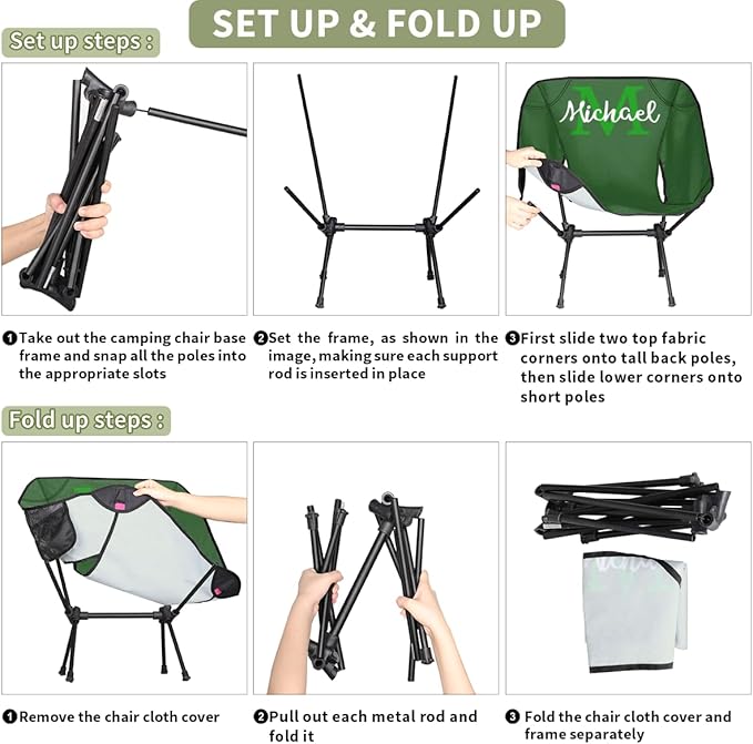 Custom Green Portable Camping Chair Personalized Backpacking Chair with Name Lightweight Foldable Chairs for Hiking Beach