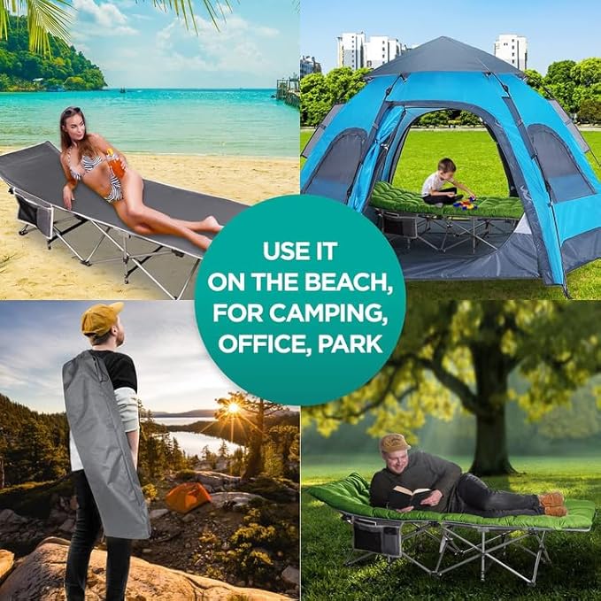 ZONETECH Folding Outdoor Camping Travel Cot and Cot Pad - Premium Quality Lightweight Portable Heavy Duty Adult &amp Kids Travel with Large Pocket and Cushion