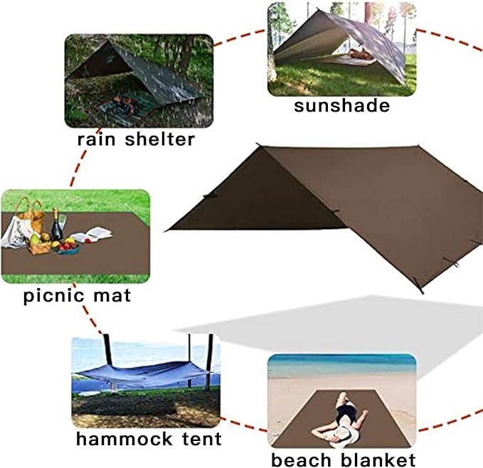 KALINCO Camping Tarp Waterproof 10X12FT Hammock Rain Fly Tarp Tent Multifunctional Tent Footprint Lightweight and Compact for Backpacking Hiking (Coffee-10X12FT)