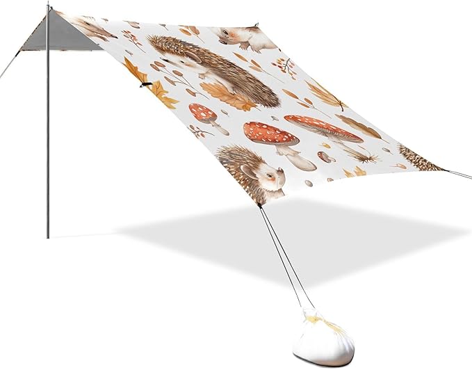 Cute Hedgehogs Beach Tent Sun Shelter 9.2' x 10.5' Beach Canopy with 4 Sandbags 4 Stability Poles Sand Shovels - Tent Canopy for Beach Camping Fishing Picnics
