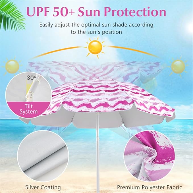 Portable 4 Pieces Beach Set with 6.2ft Sun-Proof Umbrella 2 Foldable Chairs and 80 x 80 Waterproof Blanket 30° Tilt System Umbrella with Sand Anchor &amp Carrying Bag for Picnic &amp Camping (Pi