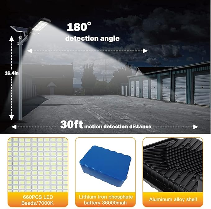 600W Solar Flood Street Lights OutdoorSolar Security Lights 30000 Lumens Dusk to Dawn Solar Powered Led Lighting IP66 Waterproof Pole Light with Motion Sensor for Parking LotStadiumGardenYard