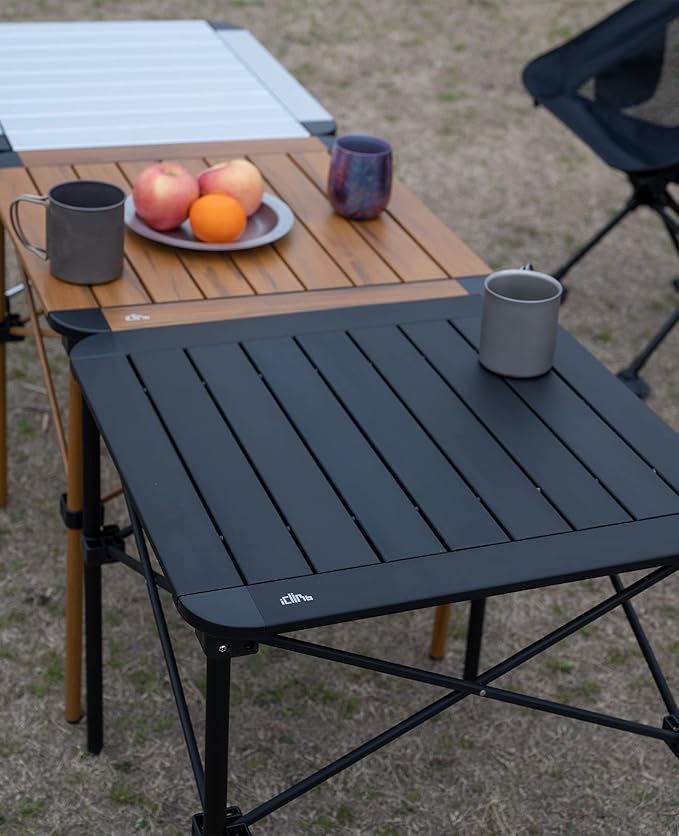 iClimb Lightweight Stable Alu. Folding Square Table Roll Up Top with Carry Bag for Camping Picnic Backyards BBQ Camp Kitchen (Black M)