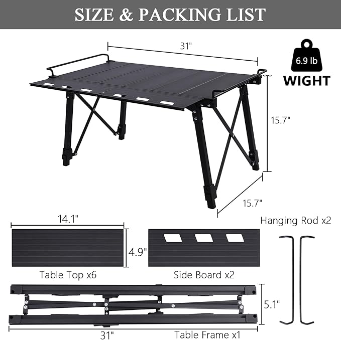 Aircity Folding Camping Table Portable Folding Aluminum Table with Adjustable Height for BBQ Camping Picnic Beach Travel and Outdoor Cooking