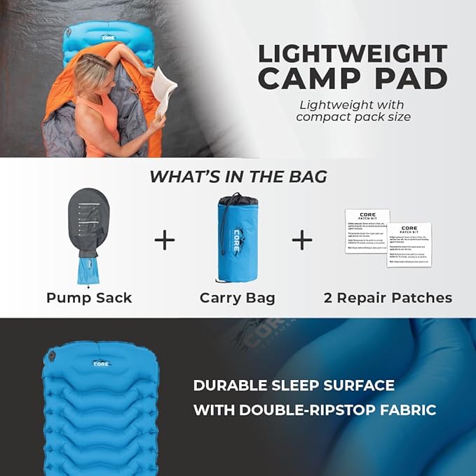 CORE Sleeping Pad for Camping | Perfect Ultralight Sleeping Mat for Tents Camping Cot &amp Backpacking Gear | Lightweight &amp Inflatable Blow Up Mattress for Travel Hiking &amp Outdoor Use