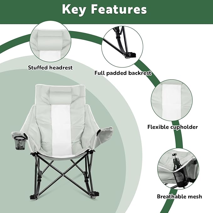 VITESSE Oversized Rocking Camping Chair Luxury Padded ReclinerOversized Folding Lawn Chair with Pocket and Carry BagOutdoor Camp Rocker Chairs for Adults Heavy Duty 300 LBS (Grey)