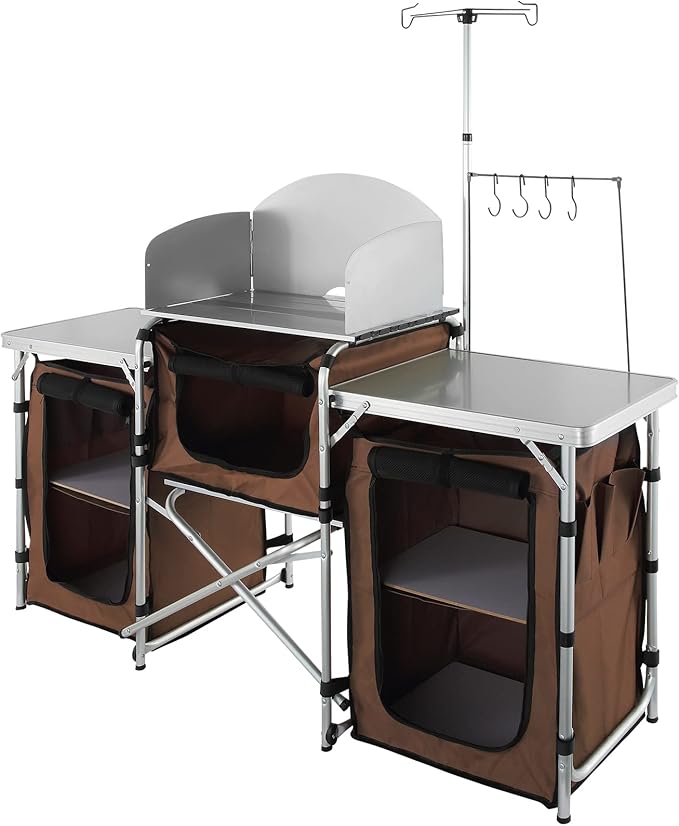VEVOR Camping Kitchen Table Folding Outdoor Cooking Table with Storage Carrying Bag Aluminum Cook Station 3 Cupboard &amp Detachable Windscreen Quick Set-up for Picnics BBQ RV Traveling Brown