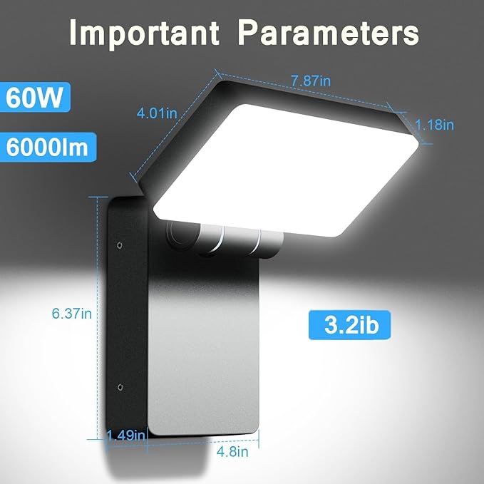 60W LED Flood Light Outdoor Wall Pack 5000K 360° Rotatable Head IP65 Waterproof 6000LM 85V-277V Commercial Flood Security Wall Mount Porch Lights for IndoorGarageYardBarnBedroom