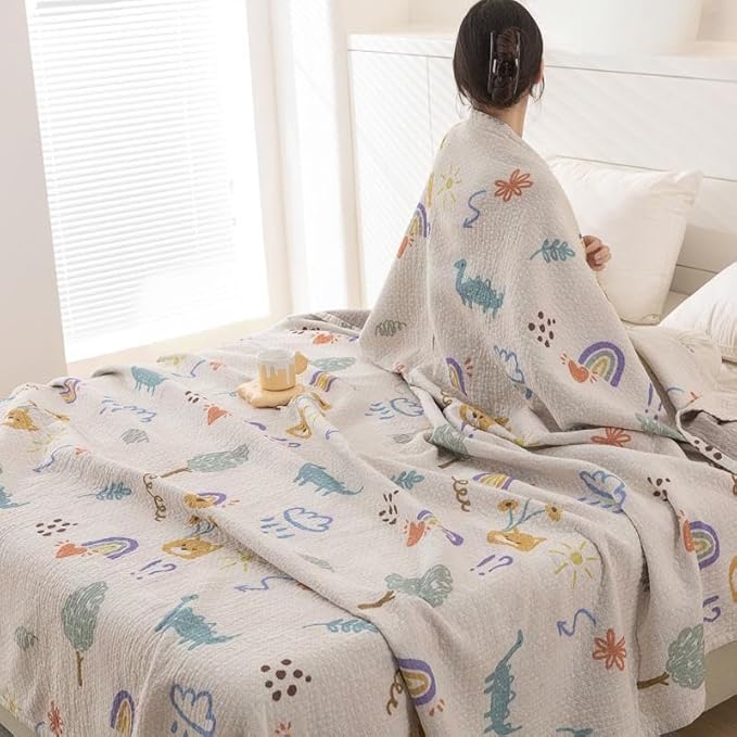Bnitoam Dinosaur 100% Cotton Bed Blanket 80x92 3 Layer Muslin Blanket Cooling Breathable Lightweight Summer Gauze Throw for Hot Sleepers Adult Birthday Gift (Print Dinosaur 80x92)