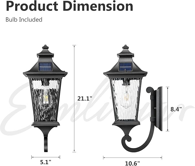 Emliviar Solar Wall Lantern Outdoor Waterproof Outdoor Sconce Light Dusk to Dawn LED Exterior Wall Lighting with Water Ripple Glass Black Finish 500181-SL SW BK