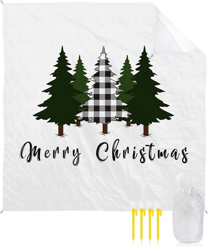 Beach Blanket Waterproof Sandproof OversizedMerry Christmas Trees Black Checker Beach Mat with Corner Stakes Sand PocketsWinter Tree Shadow on White Outdoor Picnic Mat for Travel Camping 95x80In