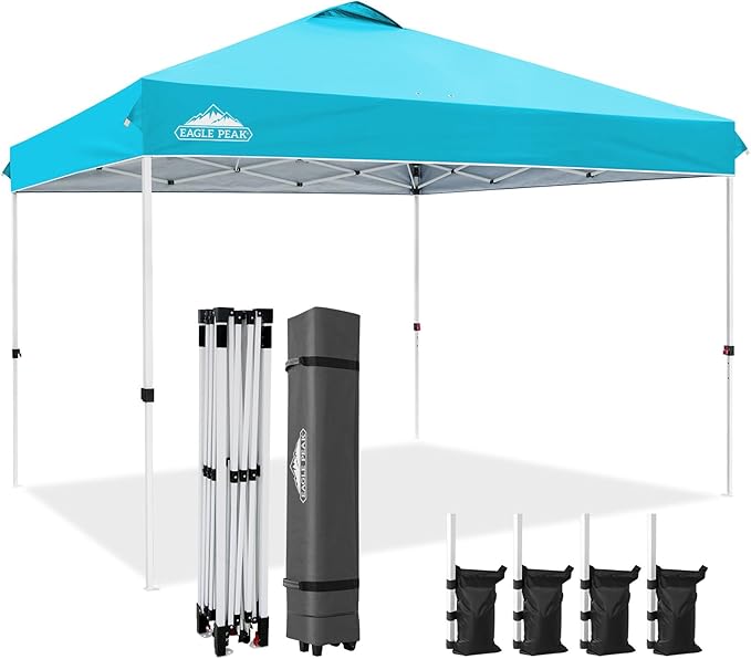EAGLE PEAK Pop Up Canopy Tent with Wheeled Carry Bag 8 Stakes 4 Ropes 4 Weight Bags Easy Set Up Tent Canopy 12x12 ft 144sqft of Shade Light Blue