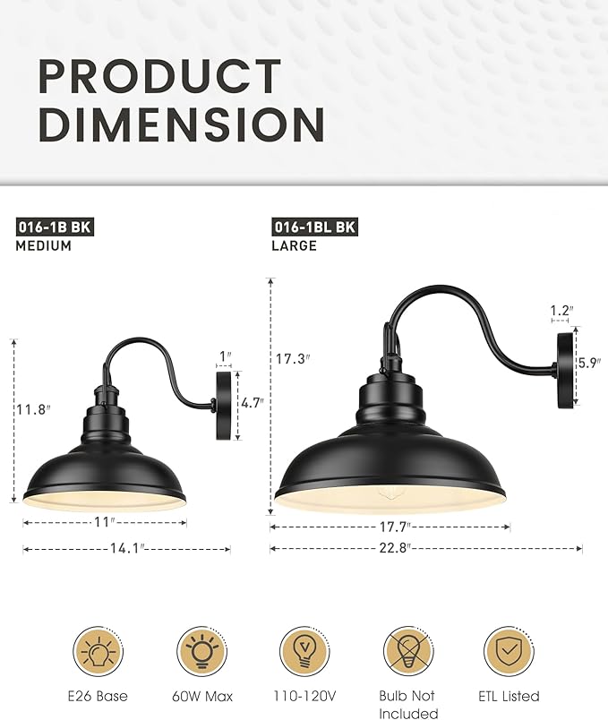 zeyu 2 Pack Barn Lights Exterior Wall Mount Light for Porch 18 Inch Modern barn Lights Matte Black Finish 016-1BL-2 BK