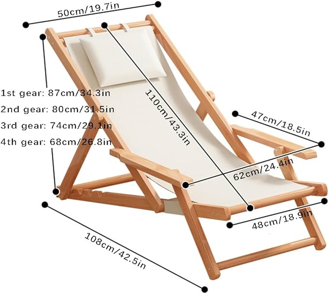MOOTEK Wood Portable Reclining Beach Chair 4 Level Height Adjustable Reclining Chairs with Wood Frames and Cushioned Headrest for Indoor Outdoor Garden Backyard Poolside