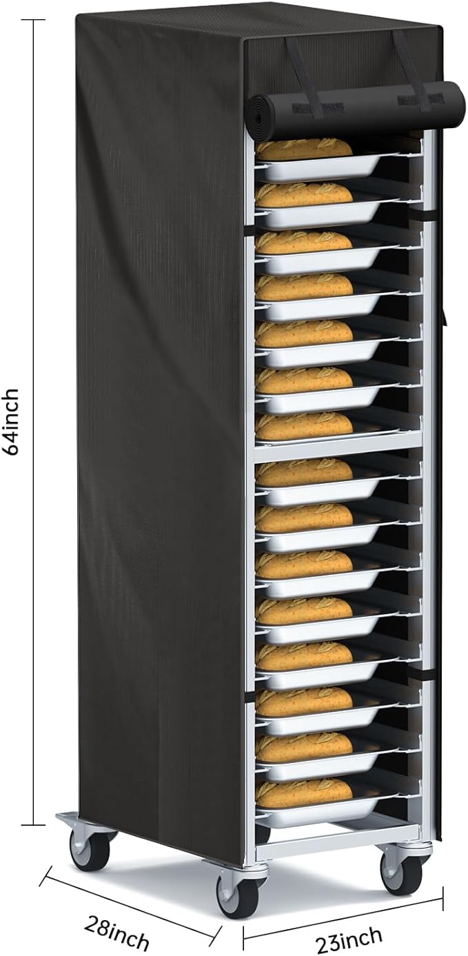 Bread Rack Cover 20-Tier 23×28×64 – 420D Oxford Waterproof &amp Dustproof Speed Rack Cover with Side Storage Pocket Roll-Up Door Zipper – Commercial Bakery Bun/Sheet Pan Rack Protector Black
