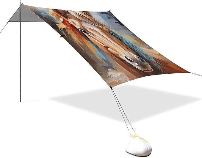Oil Painting Horse Beach Tent Sun Shelter 9.2' x 10.5' Beach Canopy with 4 Sandbags 4 Stability Poles Sand Shovels - Tent Canopy for Beach Camping Fishing Picnics