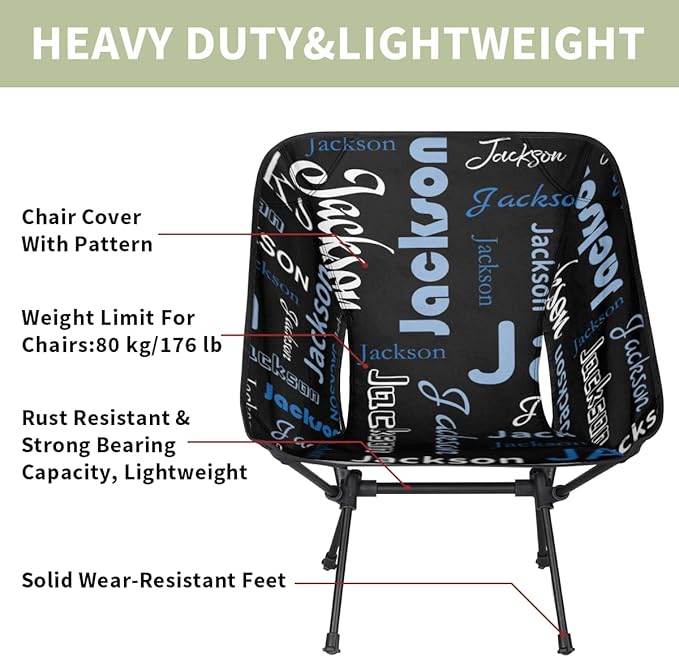 Custom Camping Chair Personalized Portable Backpacking Chair with Name Lightweight Folding Chair for Beach Hiking Black