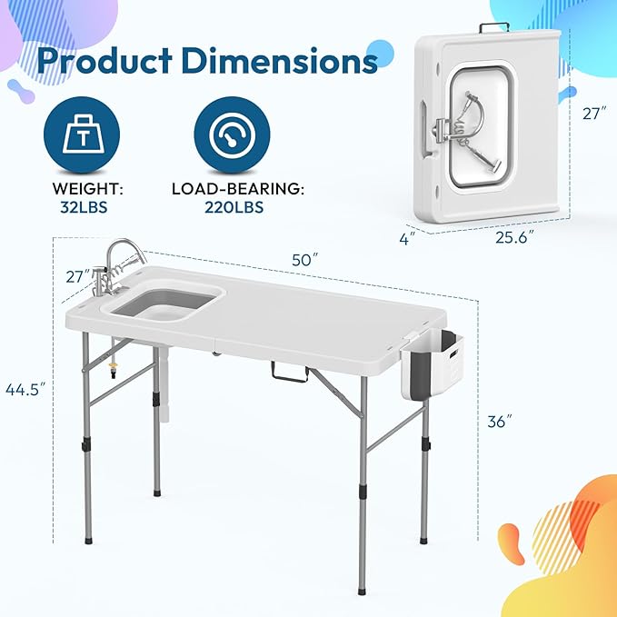 HLPB Fold in Half Folding Fish Cleaning Table with Sink Foldable Protable Camping Sink Table with Drainage Hose &amp Fish Cleaning Kit Fish Fillet Cutting Desk for Picnic Patio Backyard BBQ White