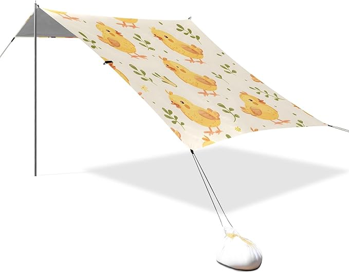 Seamless Pattern Cartoon Chick Camping Sun Shelter Beach Tent Portable Beach Sun Shade Outdoor Canopy for Camping Trips Fishing Picnic