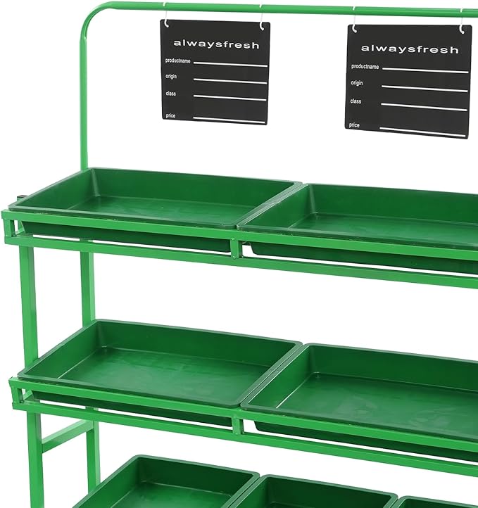4 Tier Supermarket Fruit Vegetable Storage Rack Retail Display Rack Market Shelf with 10 Slanted Baskets &amp 2 Product Labels Floor Standing Metal Fruit Vegetable Snacks Display Shelf Organizer