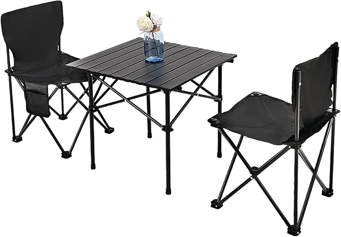 Camping Table Folding Portable Camp Table with 2 Chairs Folding Picnic Table with Carry Bag Indoor Outdoor for Camping Beach Patio RV Backyard BBQ Sturdy Stable Easy to Carry Black