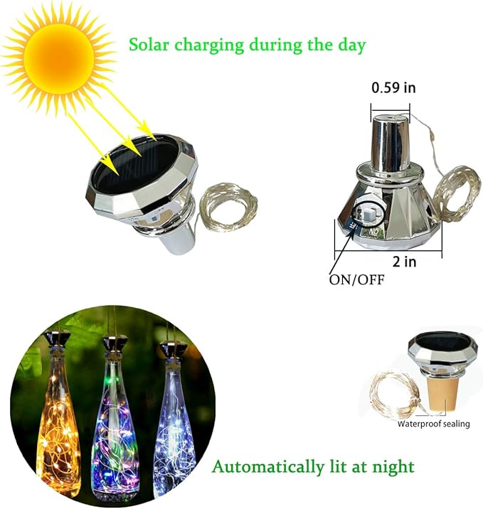 Starry Love Solar Diamond Wine Bottle Lights 10 Pack 20LED Outdoor Waterproof Multicolor Fairy Light String (3 Colors) Suitable for Most Wine Bottle Mouths for Garden Terrace Party Decoration