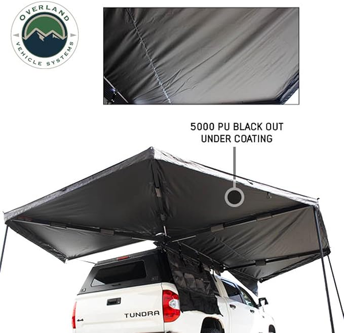 Overland Vehicle Systems - XD Nomadic 270 - Awning W/Lights &amp Black Out Passenger Side Grey Hex Black Trim &amp Black Travel Cover