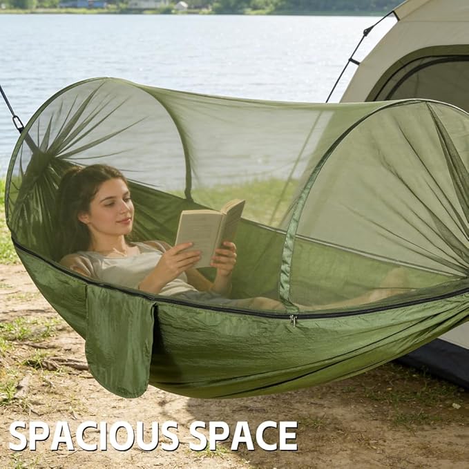 Camping Hammock with Mosquito Net - Double &amp Single Portable Hammocks with 2 Tree Straps Lightweight Hammock Tent for Outdoor Camping Hiking Backpacking Beach &amp Backyard (Army Green)