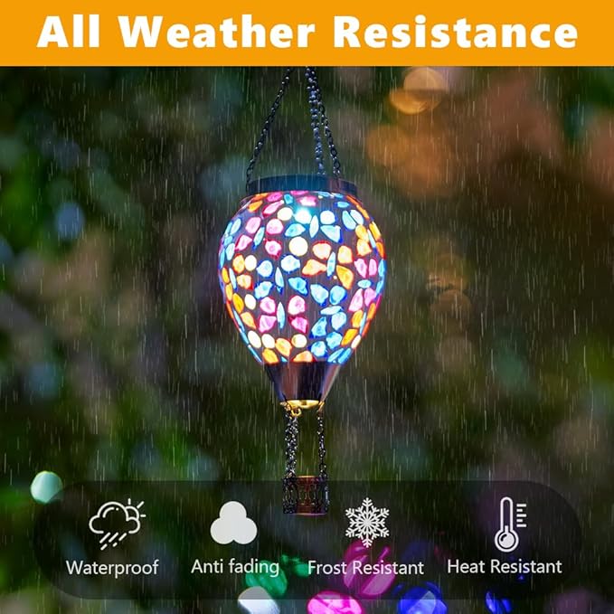Mosica Hot Air Balloon Solar Lantern Glass Hanging Solars Lanterns Outdoor Waterproof Decorative Solar Light for Garden Yard Patio Decor(Butterfly Pattern)