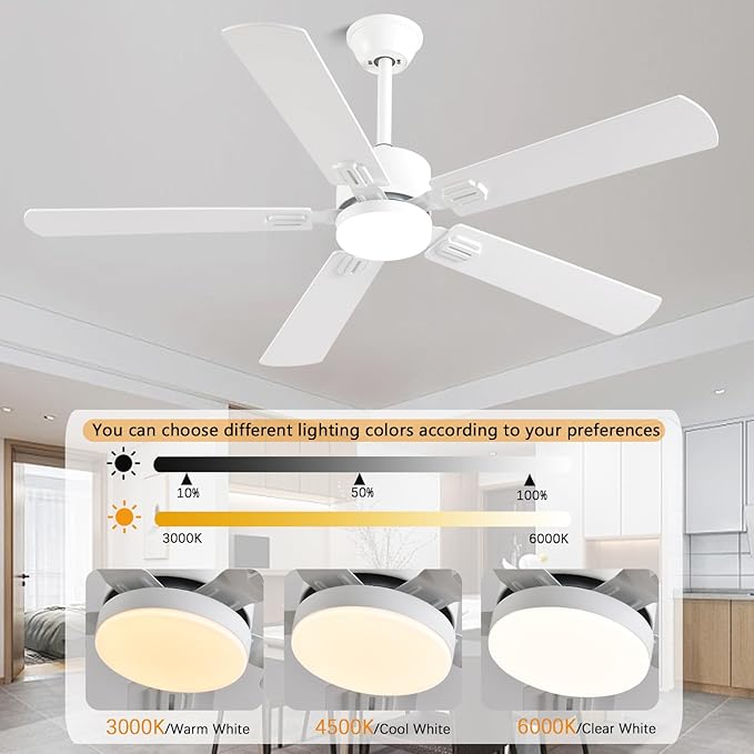 56inch Modern White Ceiling Fans with Lights and Remote/App Control Dimmable LED Reversible DC Motor Noiseless 6 Speeds Low Profile Ceiling Fan for Livingroom Indoor/Outdoor Use