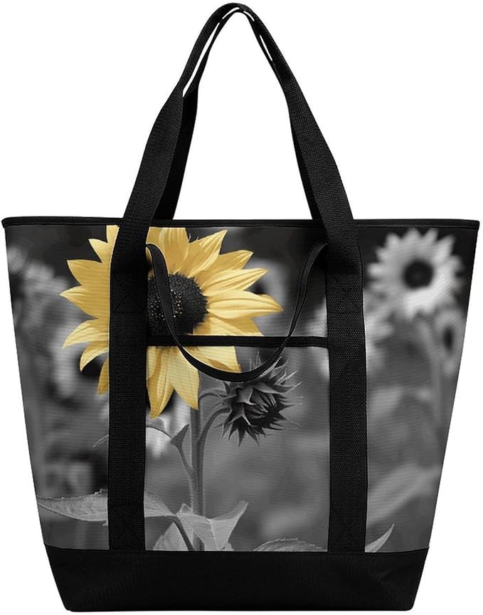 Insulated Shopping BagLarge Reusable Cooler Bags Black And White Sunflowers Printed Foldable Shopping BagTravel Waterproof Shoulder Bag