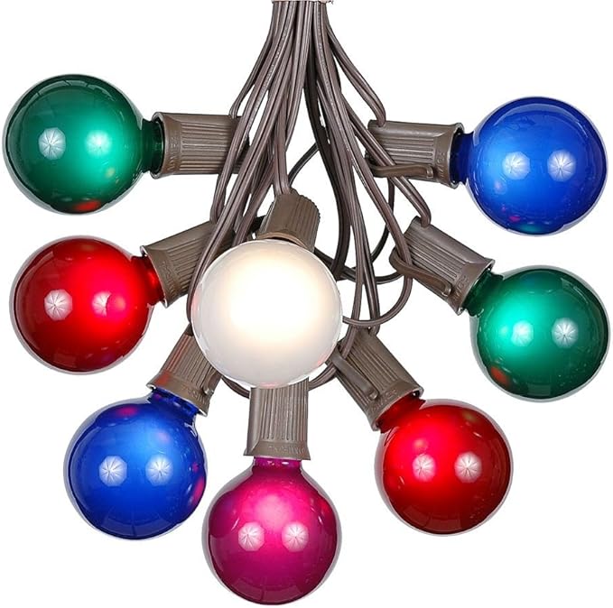 G50 Patio String Lights with 25 Multi Globe Bulbs – Outdoor String Lights – Market Bistro Café Hanging String Lights – Patio Garden Umbrella Globe Lights - Brown Wire - 25 Feet
