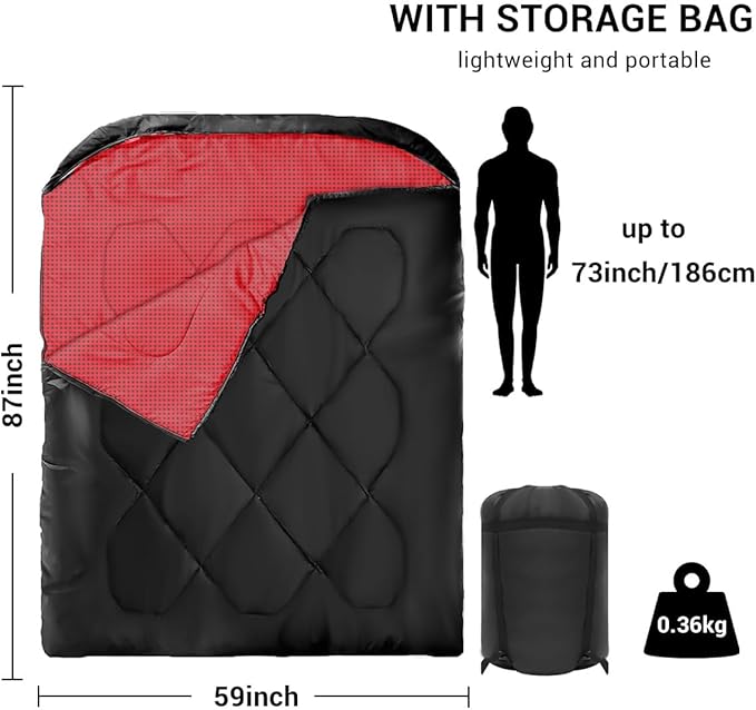 Double Sleeping Bag for Adults CampingBring Pillow XL Queen Size Sleeping Bags for 2 Person Hiking Backpacking Lightweight Waterproof with Compression Sack